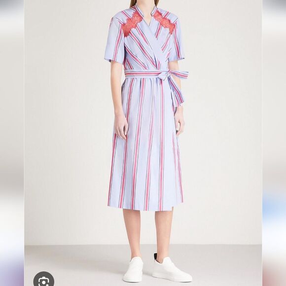 SANDRO Paris Mellow Stripe Blue Red Wrap Midi Shirt Dress Lace Inserts Size S - Picture 3 of 15